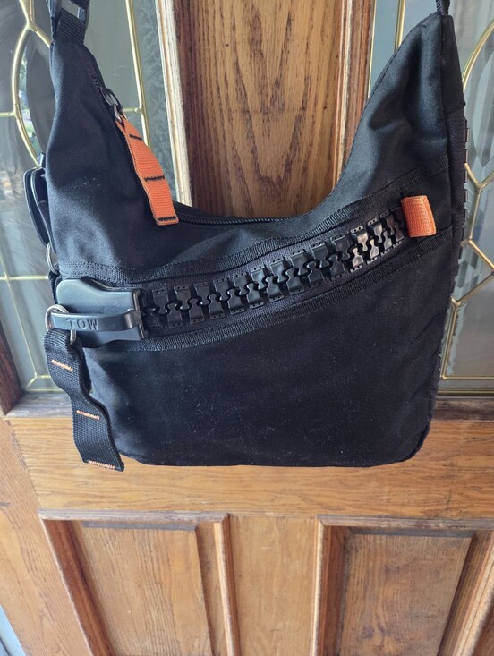 Rusk Handbags - Rusk Black Canvas and Nylon Shoulder Bag with Huge Zipper Accents